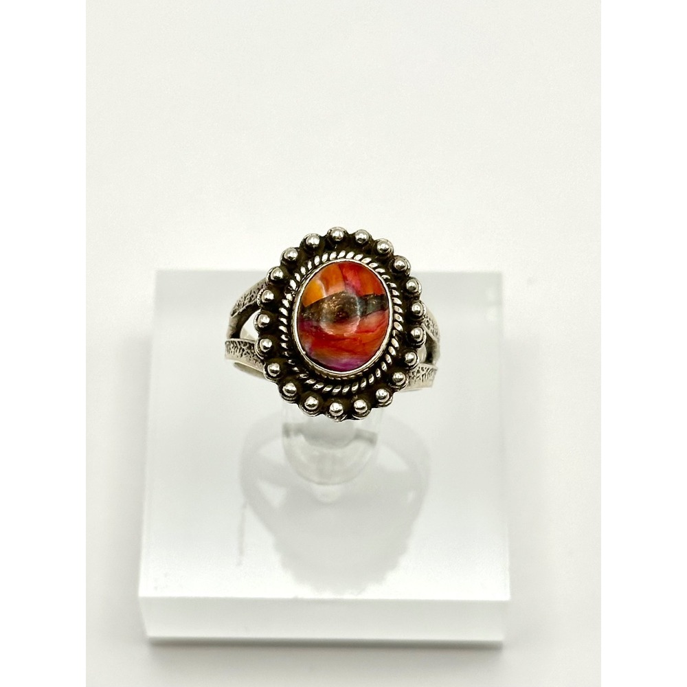 Pink Spiny Oyster Turquoise Sterling Silver Double Band Ring Size 7